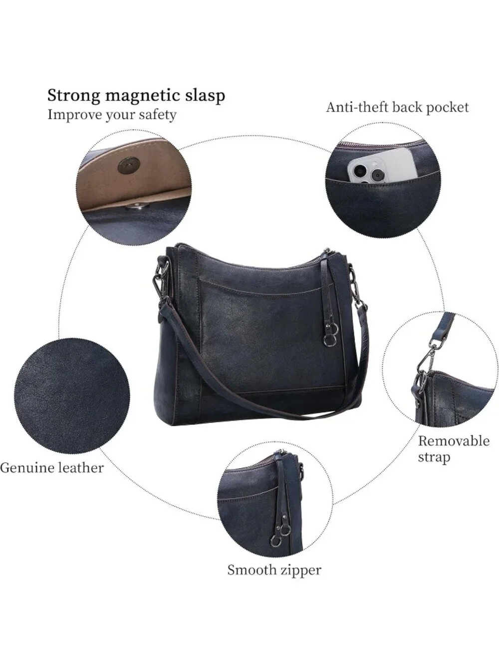 Women's Navy Leather Crossbody Fashion Satchel Handbags with Adjustable Straps